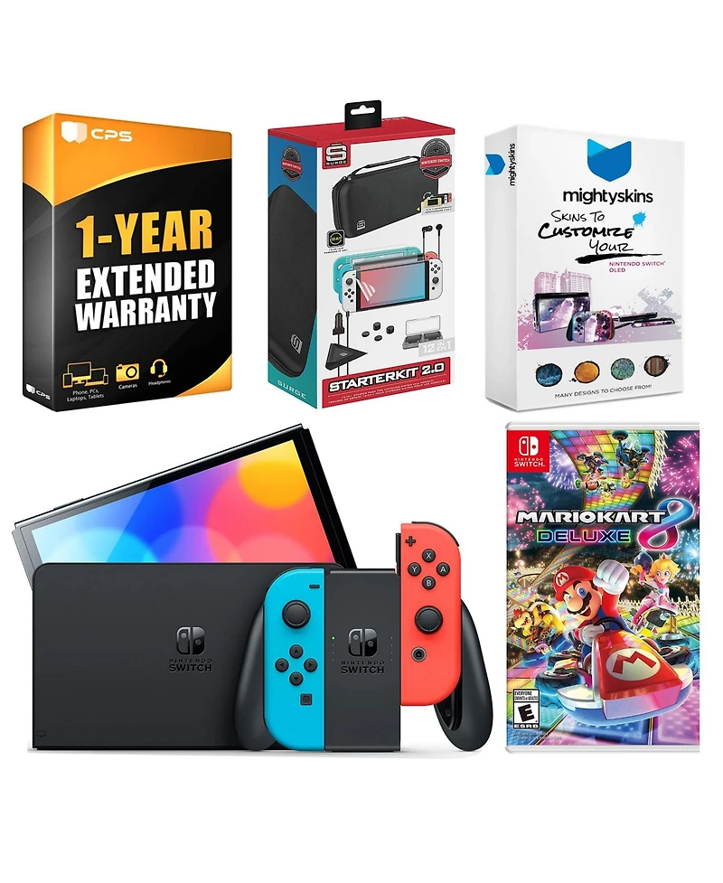 Nintendo Switch Neon Red & Blue Oled Console with Mario Kart 8 Deluxe, Surge Accessory Gaming Kit, MightySkins Console and Controller Skin Voucher