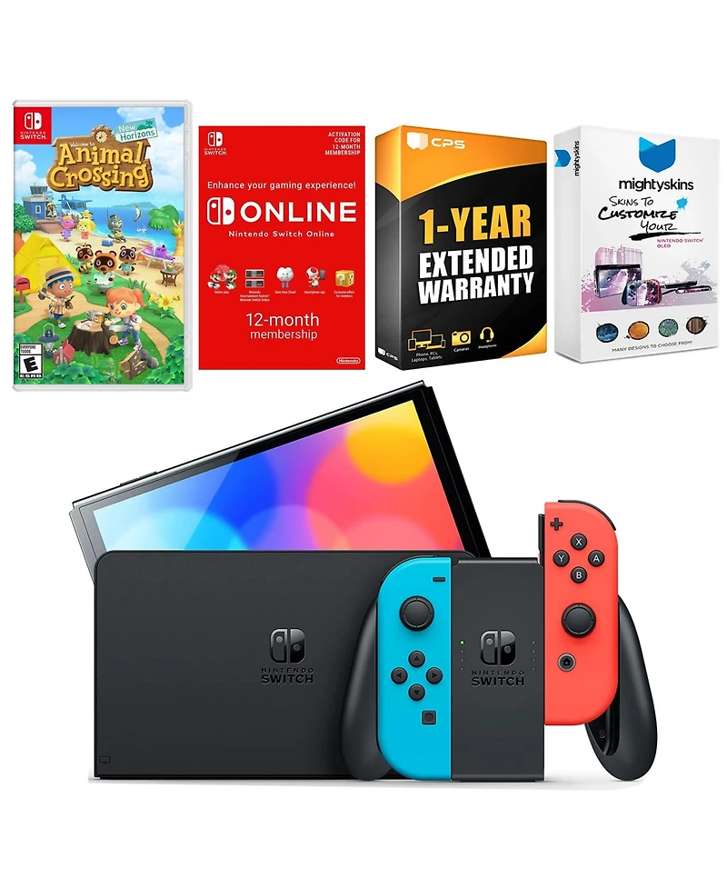 Nintendo Switch Neon Red & Blue Oled Console with Animal Crossing New Horizons, Nso 12 Month Family Membership