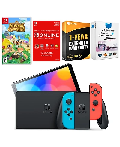 Nintendo Switch Neon Red & Blue Oled Console with Animal Crossing New Horizons, Nso 12 Month Family Membership