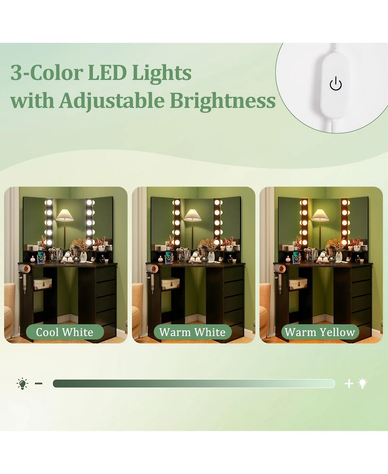 Corner Vanity Desk with 3-Color Led Lighted Mirror and Power Outlet