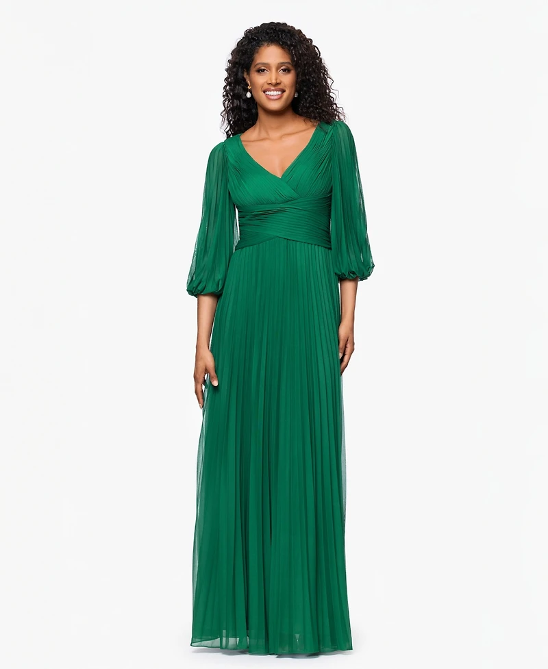 Betsy & Adam Women's Pleated Balloon-Sleeve Long Dress