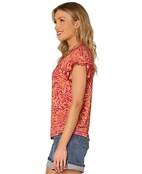 Democracy Petite Flutter-Sleeve Printed Knit Top