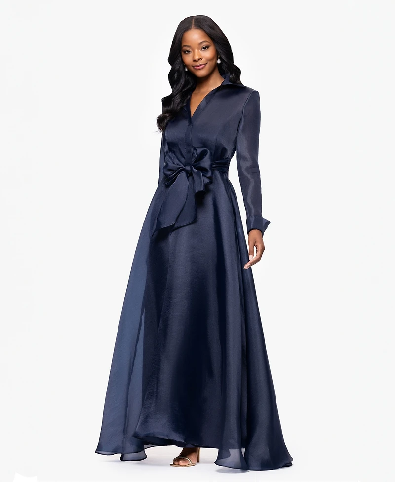 Betsy & Adam Women's Solid-Color Tie-Front Long Shirtdress