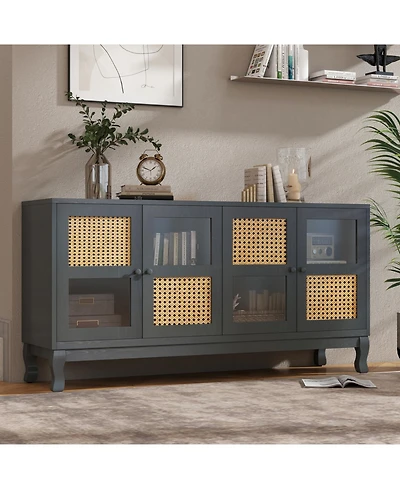 Industrial Grey Retro Sideboard with Rattan Doors