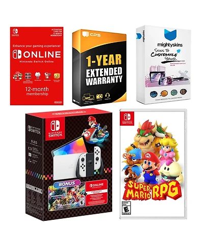 Nintendo Switch Oled Console Mario Kart 8 Bundle with Super Mario Rpg , Nso 12 Month Family Membership