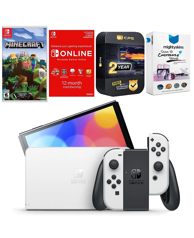 Nintendo Switch White Oled Console with Minecraft: Switch Edition, Nso 12 Month Family Membership, MightySkins Console and Controller Skin Voucher, an