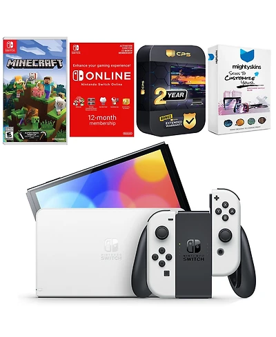 Nintendo Switch White Oled Console with Minecraft: Switch Edition, Nso 12 Month Family Membership, MightySkins Console and Controller Skin Voucher, an