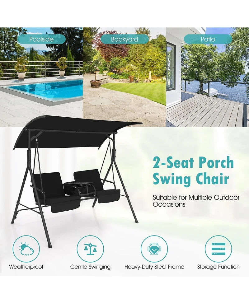 Gymax 2-Person Canopy Porch Swing Padded Chair Cooler Bag Rotatable Tray