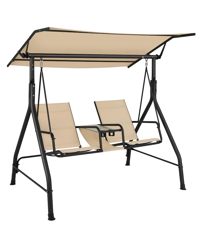 Gymax 2-Person Porch Swing Adjustable Canopy Swing Chair w/ Tempered Glass Table