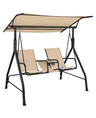 Gymax 2-Person Porch Swing Adjustable Canopy Swing Chair w/ Tempered Glass Table