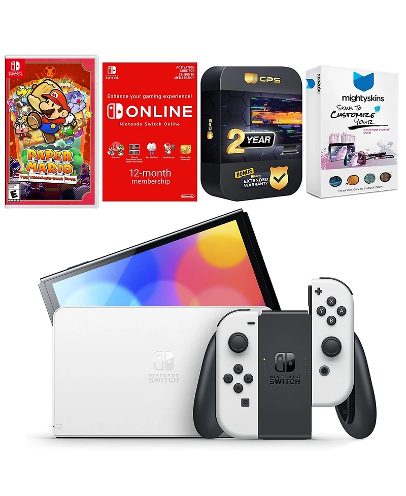 Nintendo Switch White Oled Console with Paper Mario: the Thousand Year Door, Nso 12 Month Family Membership, MightySkins Console and Controller Skin V