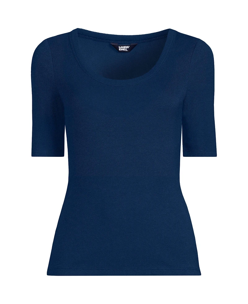 Lands' End Women's Drapey Rib Fitted Elbow Sleeve Scoop Neck Tee