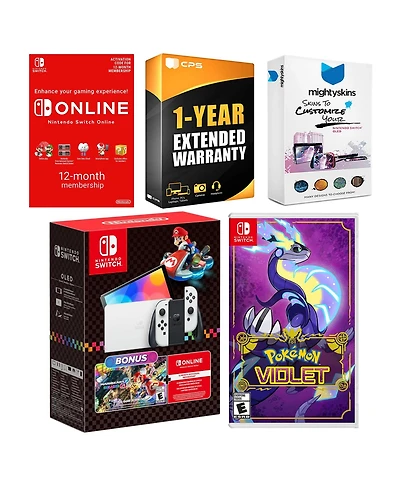 Nintendo Switch Oled Console Mario Kart 8 Bundle with Pokemon Violet, Nso 12 Month Family Membership, MightySkins Console and Controller Skin Voucher