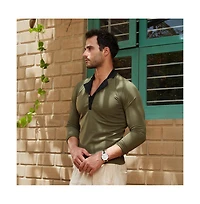 Campus Sutra Men's Olive Green & Obsidian Black Textured Cuban Polo T-Shirt