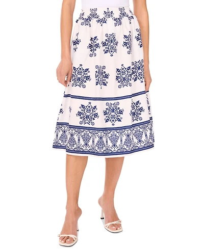 CeCe Women's Smocked-Waist Border-Print Midi Skirt