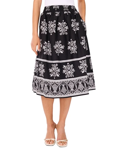 CeCe Women's Smocked-Waist Border-Print Midi Skirt