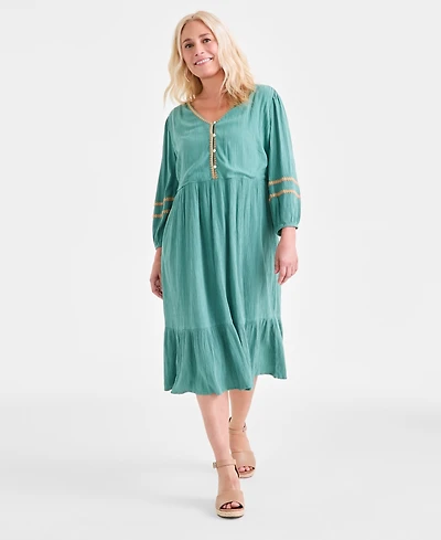 Style & Co Women's V-Neck 3/4-Sleeve Tiered Midi Dress, Exclusively at Macy's