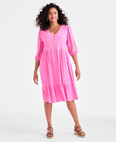 Style & Co Women's V-Neck 3/4-Sleeve Tiered Midi Dress, Exclusively at Macy's