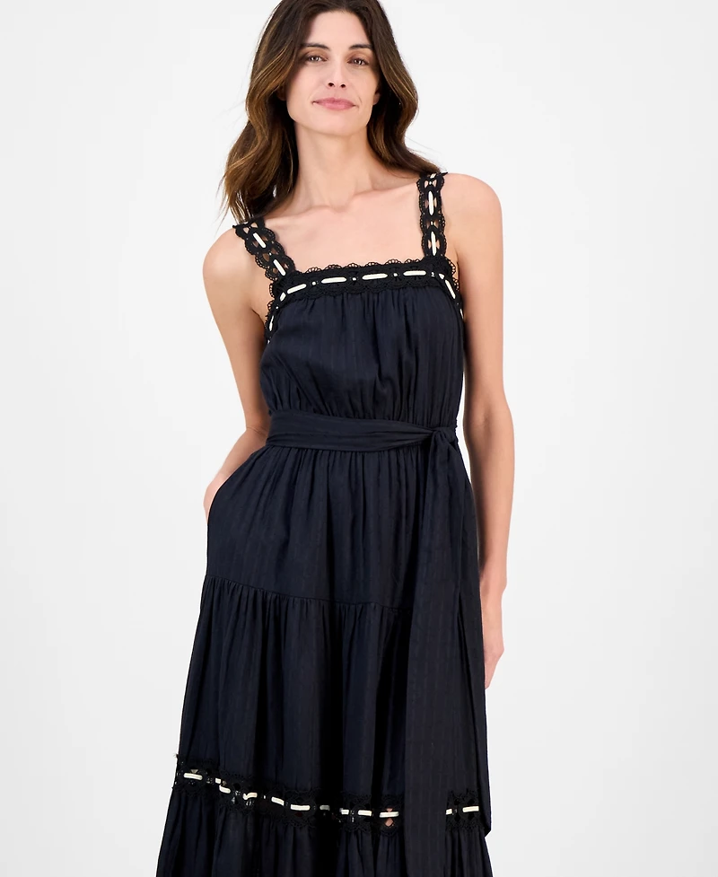 Anne Klein Women's Lace-Trim Cotton Sleeveless Midi Dress