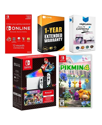Nintendo Switch Oled Console Mario Kart 8 Bundle with Pikmin 4, Nso 12 Month Family Membership, MightySkins Console and Controller Skin Voucher