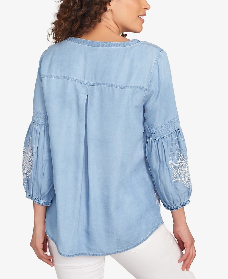Ruby Rd. Petite Floral Embroidered Square Neck Top