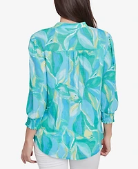 Ruby Rd. Petite Abstract Tropical Silky Button Front V-Neck Top