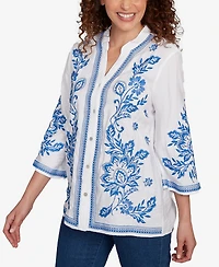 Ruby Rd. Petite Tidal Embroidered Button Front Top
