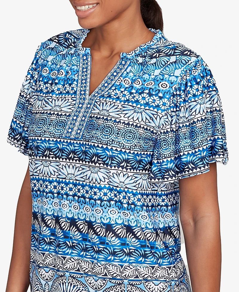 Ruby Rd. Petite Motif Stripe Embroidered Puff Print T-Shirt