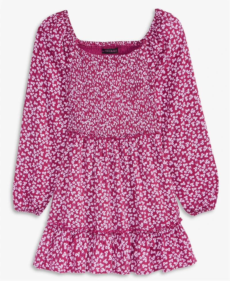 With Jules Big Girls Long-Sleeve Smocked-Bodice Dress