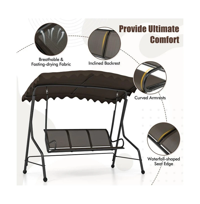 3-Seat Outdoor Porch Canopy Swing with Adjustable Shading