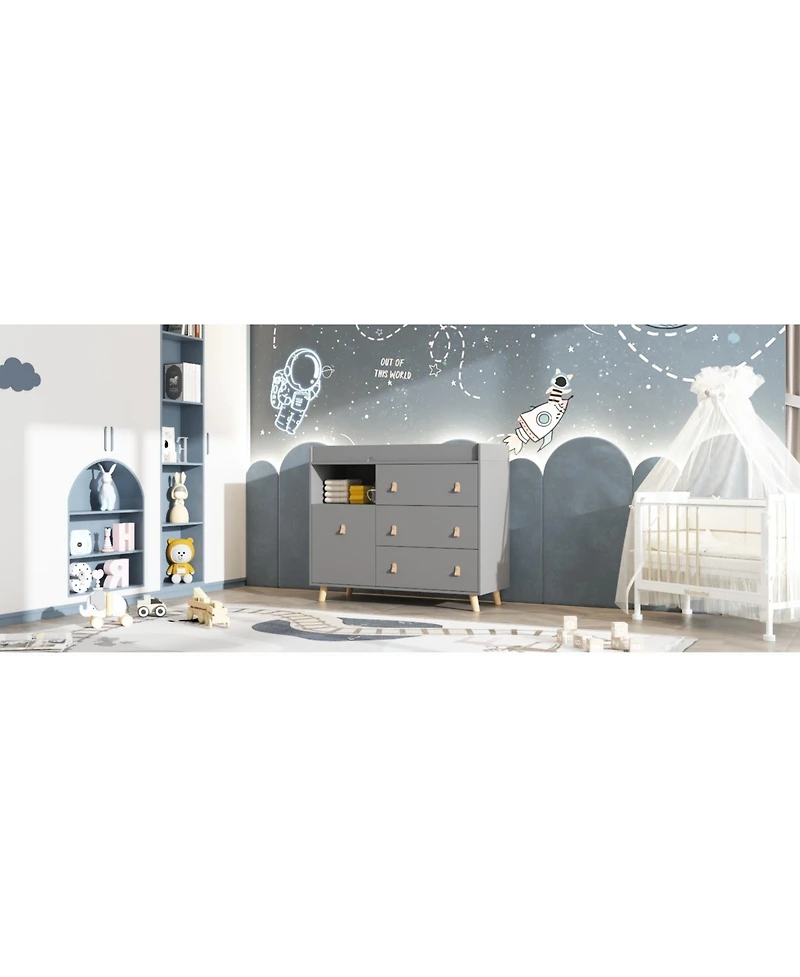 Diaper table with three drawers, baby changing station with multiple storage compartments, grey wood