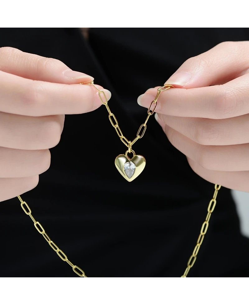 14K Gold Plated with Clear Cubic Zirconia Heart Pendant Necklace