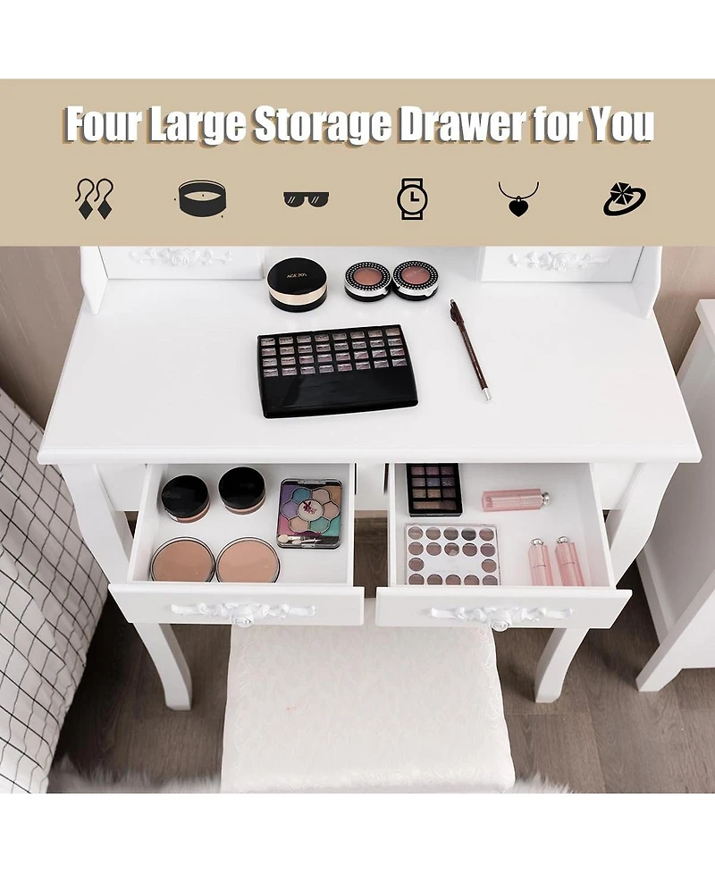 Makeup Dressing Table with Touch Switch Lighted Mirror and Cushioned Stool