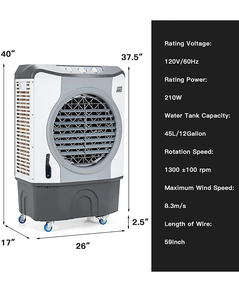 4-in-1 Industrial Evaporative Air Cooler Fan with 45 L Tank and Wheels