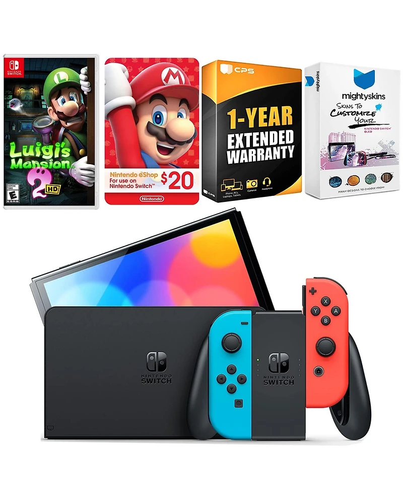 Nintendo Switch Neon Red & Blue Oled Console with Luigi s Mansion 2 Hd, Nintendo $20 eShop Gift Card