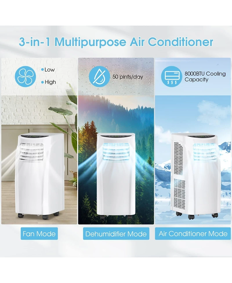 8000 Btu Air Conditioner Unit spaces up to 230 Sq.Ft with Remote Control Dehumidifier Function Window Wall Mount, 4 Caster Wheel, Sleep Mode and, Whit