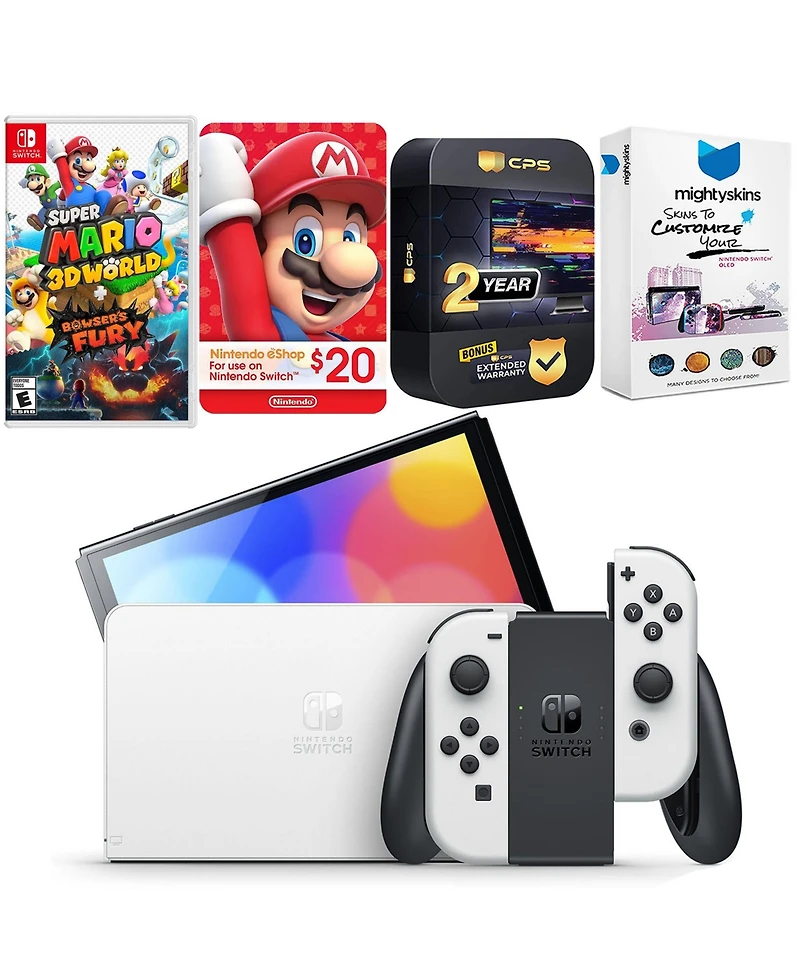 Nintendo Switch White Oled Console with Super Mario 3D World + Bowser s Fury , Nintendo $20 eShop Gift Card, MightySkins Console and Controller Skin V