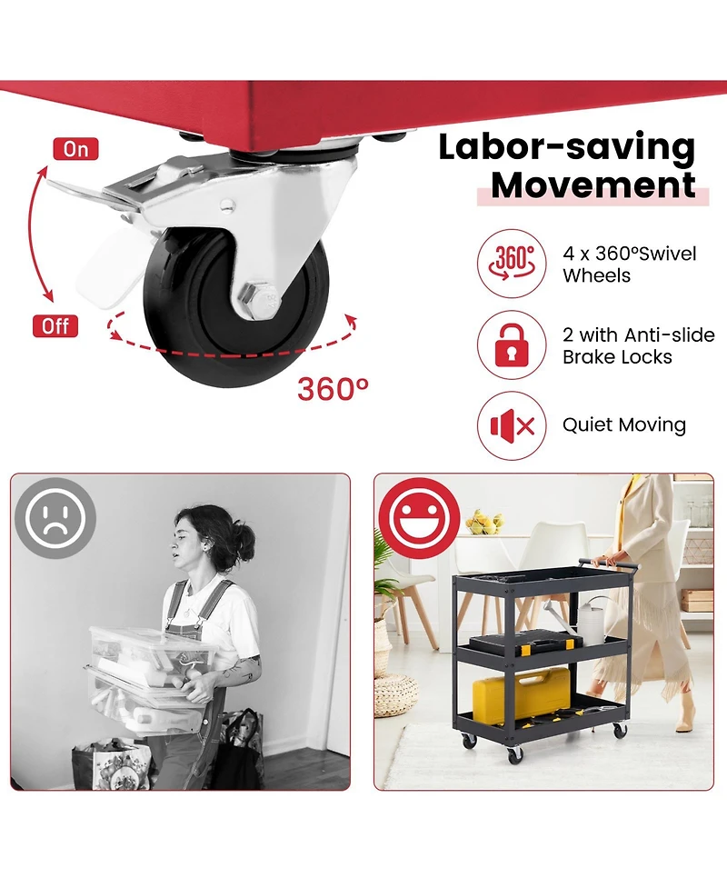 3-Tier Utility Cart with Steel Frame and Four Wheels