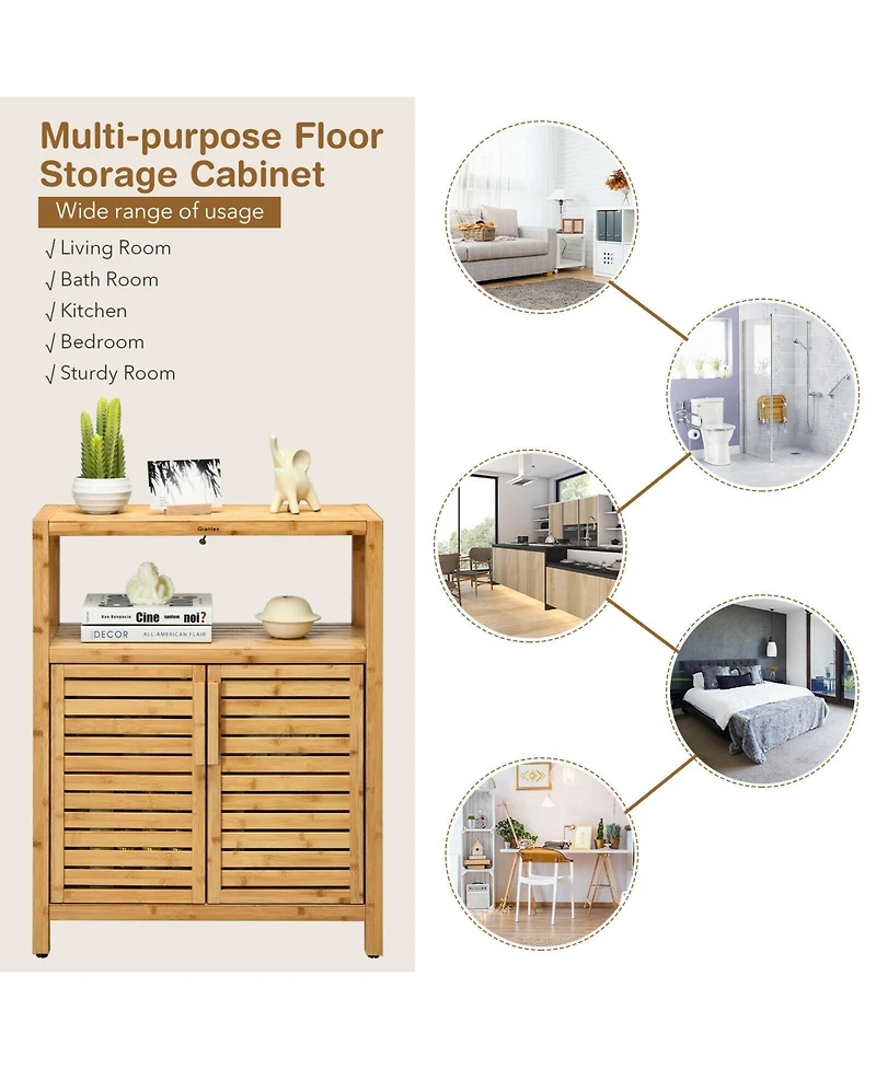 Bamboo Floor Cabinet, Bathroom Storage Cabinet with Double Slatted Doors, Open Shelf, Removable Shelf, Storage Organizer for Bathroom Doorway Living R