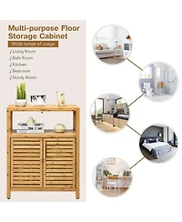 Bamboo Floor Cabinet, Bathroom Storage Cabinet with Double Slatted Doors, Open Shelf, Removable Shelf, Storage Organizer for Bathroom Doorway Living R