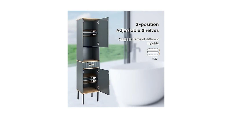 Free-Standing Bathroom Cabinet Narrow Linen with Doors and Drawer