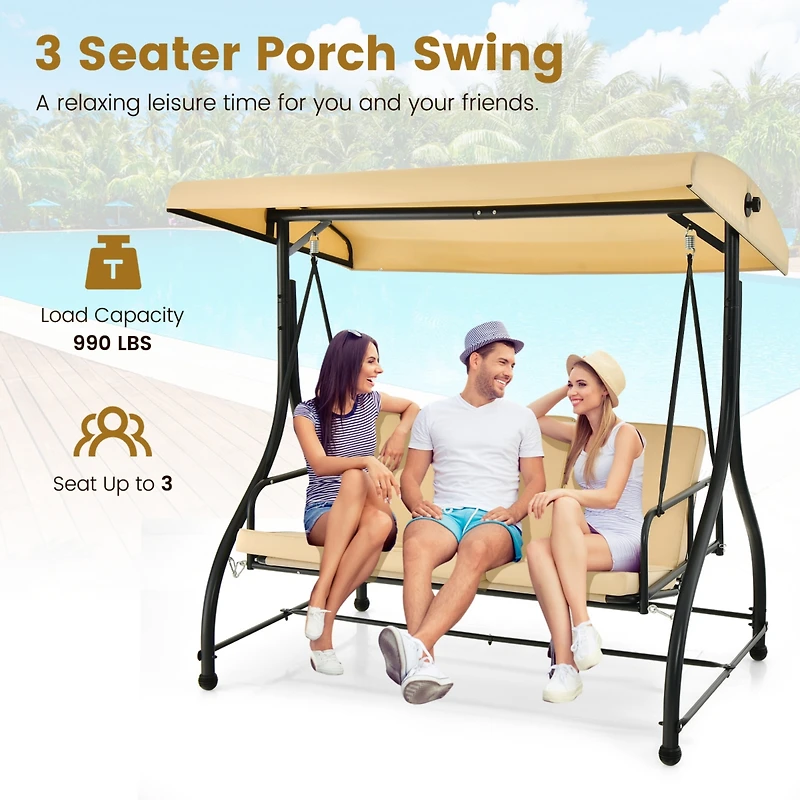 Gymax 3-Seat Outdoor Converting Patio Swing Glider Adjustable Canopy Porch Swing