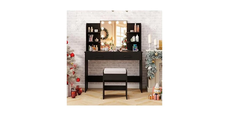 Vanity Set with Lighted Mirror and Stool Power Outlet