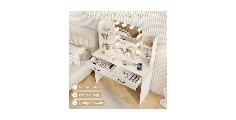 Vanity Set with Lighted Mirror and Stool Power Outlet