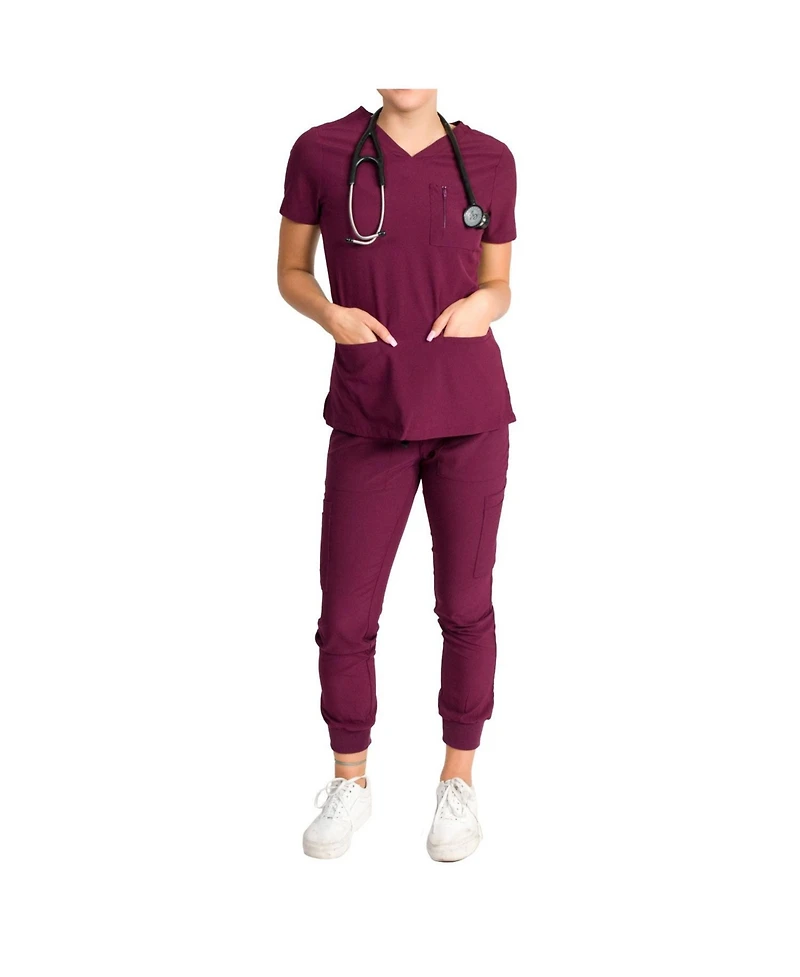 Medgear Women's Fleur Stretch Scrub Set with Zip Chest Pocket Top and Knit Rib Cuffs Jogger Pants