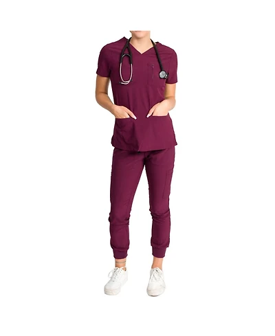 Medgear Women's Fleur Stretch Scrub Set with Zip Chest Pocket Top and Knit Rib Cuffs Jogger Pants