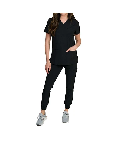 Medgear Women's Fleur Stretch Scrub Set with Zip Chest Pocket Top and Knit Rib Cuffs Jogger Pants