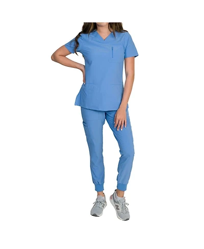 Medgear Women's Fleur Stretch Scrub Set with Zip Chest Pocket Top and Knit Rib Cuffs Jogger Pants