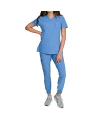 Medgear Women's Fleur Stretch Scrub Set with Zip Chest Pocket Top and Knit Rib Cuffs Jogger Pants