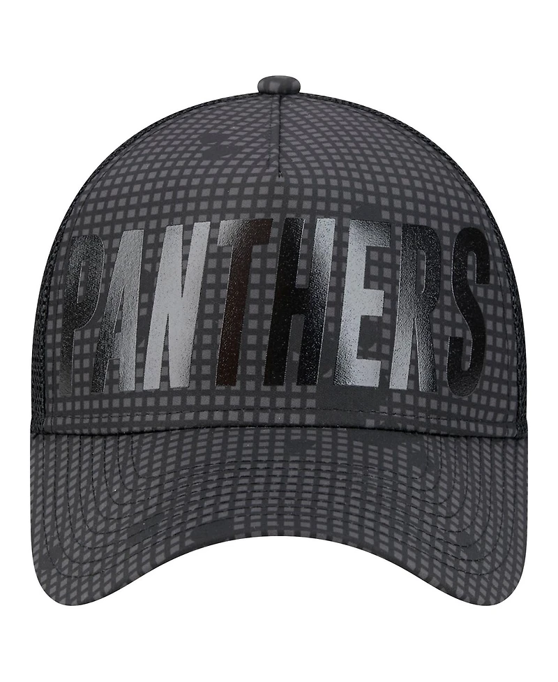 New Era Men's Black Carolina Panthers Midnight Ink Tonal Text A-Frame Trucker 9FORTY Adjustable Hat